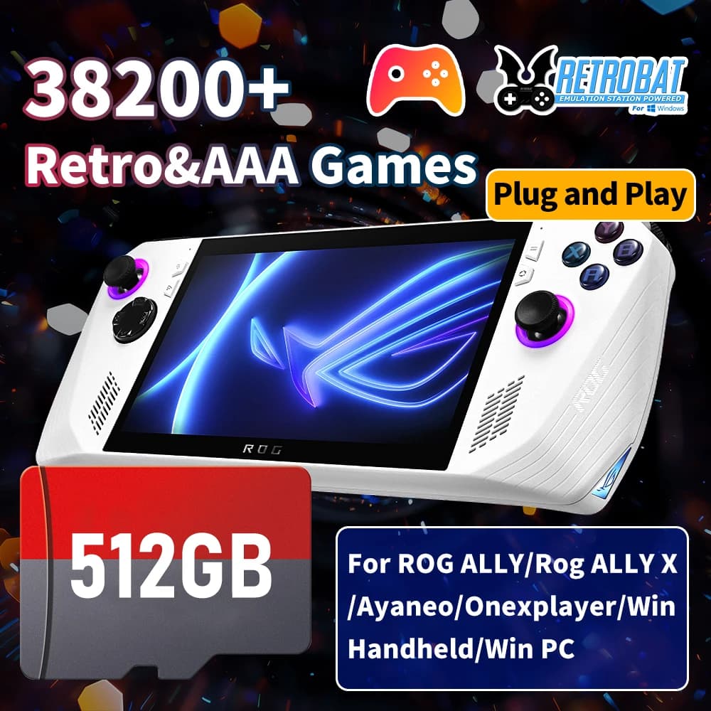 512GB SD/TF Game Card with 38200+ Retro&AAA Games for Xbox/Switch/PS3/PS2/Wii/Wiiu for ROG ALLY/ROG ALLY X/Lenovo Legion Go/Win Handheld Game Console/Win PC/Laptop Plug and Play