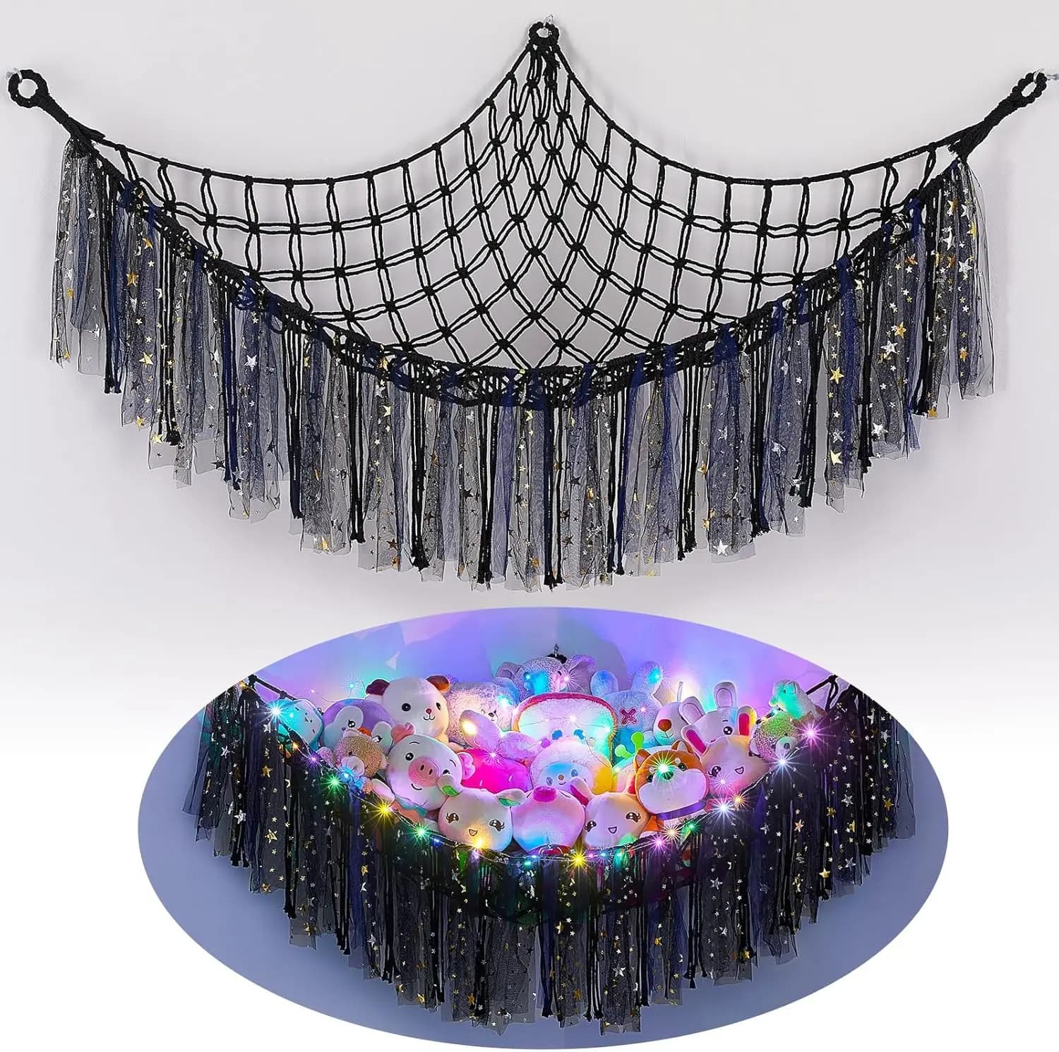 Amaca con Luce LED per Giocattoli e Peluche, Organizzatore Decorativo per Cameretta Bambini
