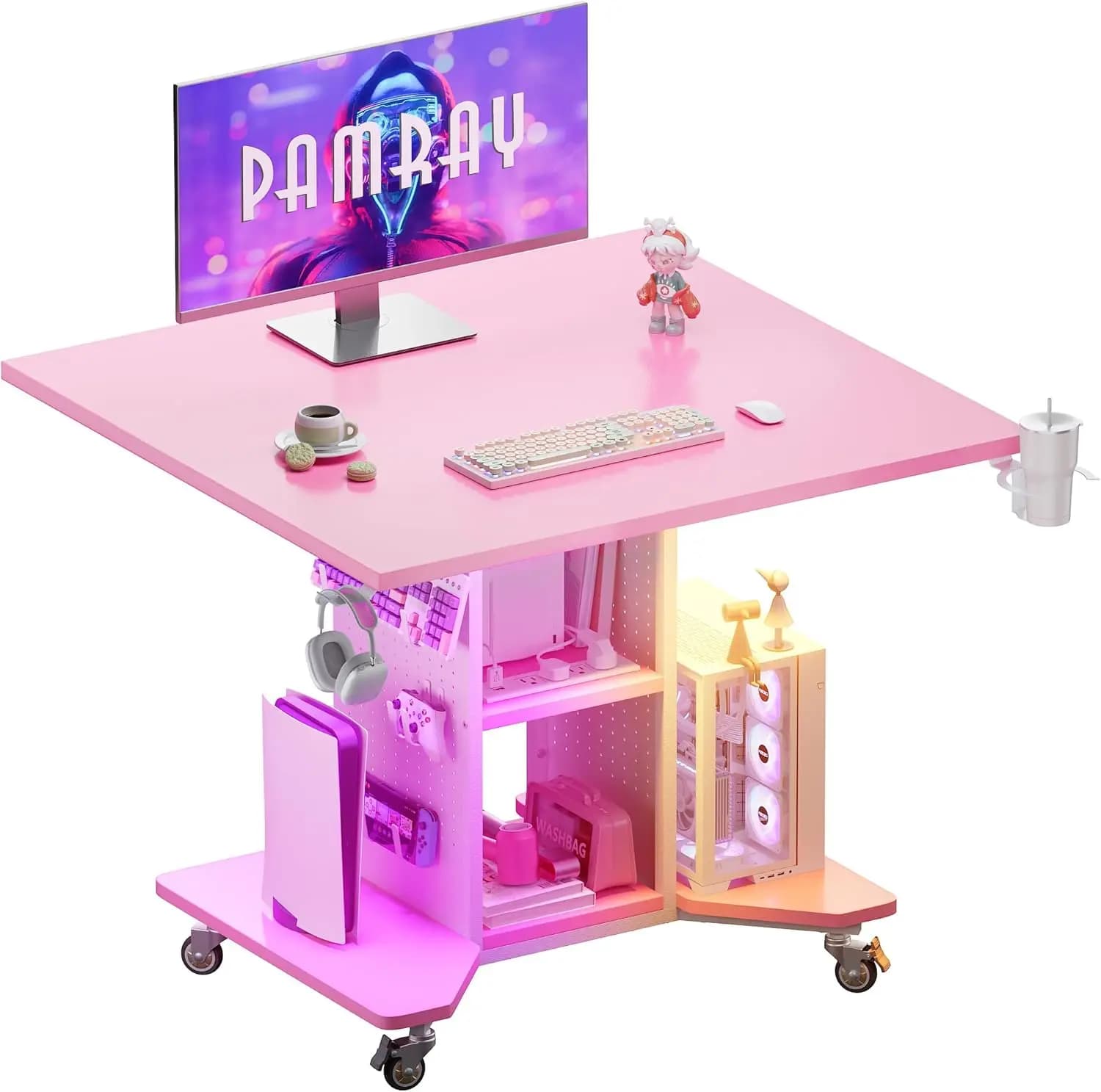 Scrivania da Gaming Compatta con Luci LED, Prese di Corrente e Pannello Forato per lo Stoccaggio, Ideale per Piccoli Spazi