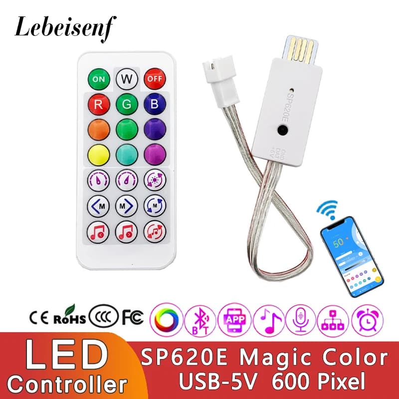 Controller LED Pixel USB Bluetooth SP620E 5V per Strisce LED Indirizzabili WS2812B con Telecomando RF Wireless e Dimmer