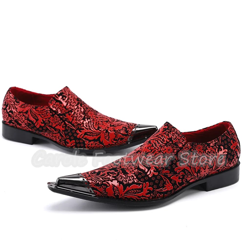 Luxury Baroque Red Floral Print Male Dress Shoes Metal Pointed Toe Chunky Heel Loafers Formal Wedding Party Leather Footwear