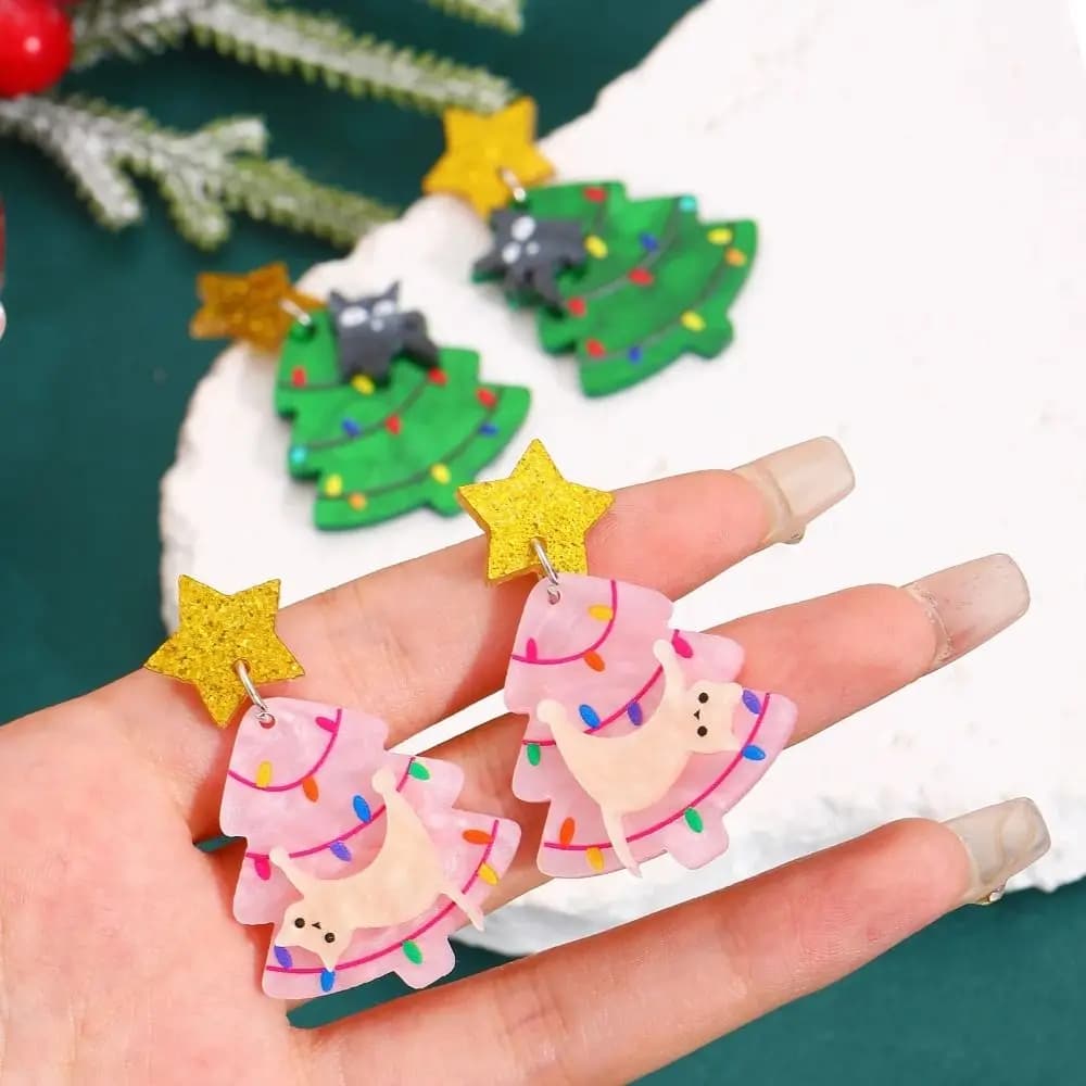 Festive Look Acrylic Material Cat Earrings Cute Shape Vivid Print Stud Earrings Cartoon Style Tree Earrings Christmas