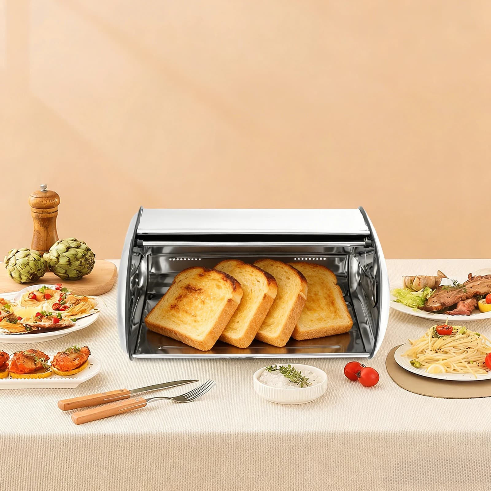Silver Stainless Steel Bread Box 43.5*27*18cm Large Capacity Bread Storage Bin with Lid Tabletop Multi-role Pastries Container Kitchen Storage Organizer