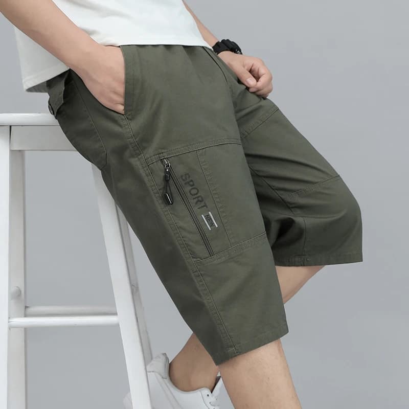 Men's Cargo Shorts Knee Pants Zippered Pockets Cotton Summer Shorts Climbing Jogger Elastic Waist Sportswear