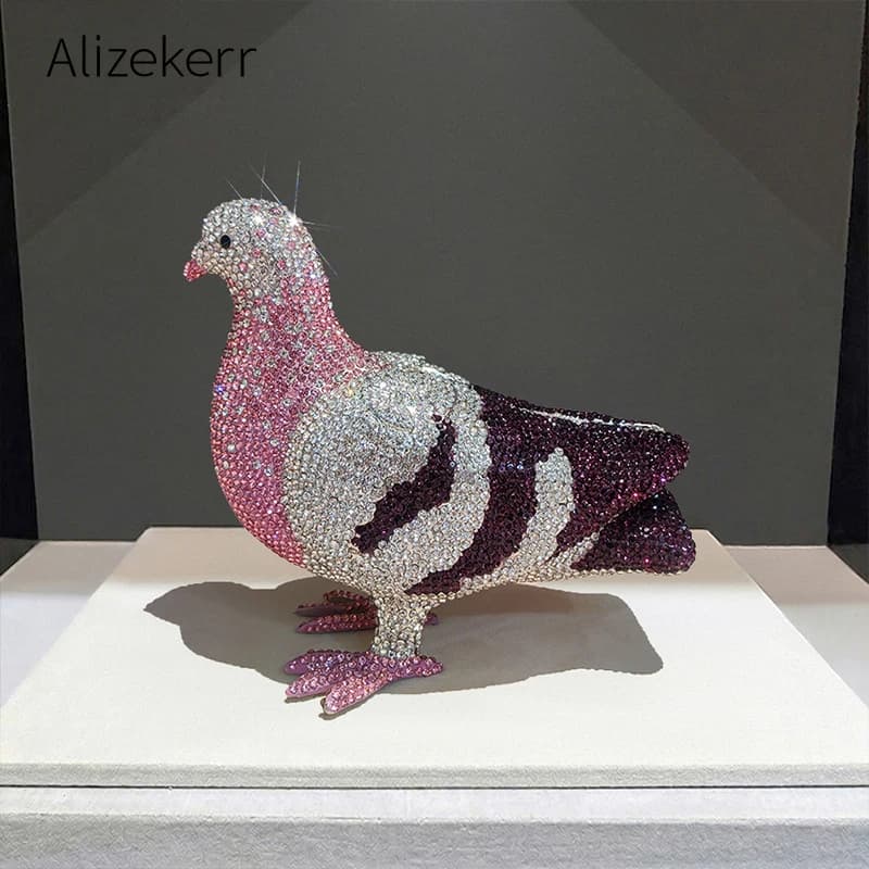 Alizekerr Pochette da Sera a Forma di Piccione 3D in Cristallo, Borsa da Donna Lussuosa e Unica con Strass Scintillanti, Borsa Metallica per Matrimoni, Feste e Banchetti