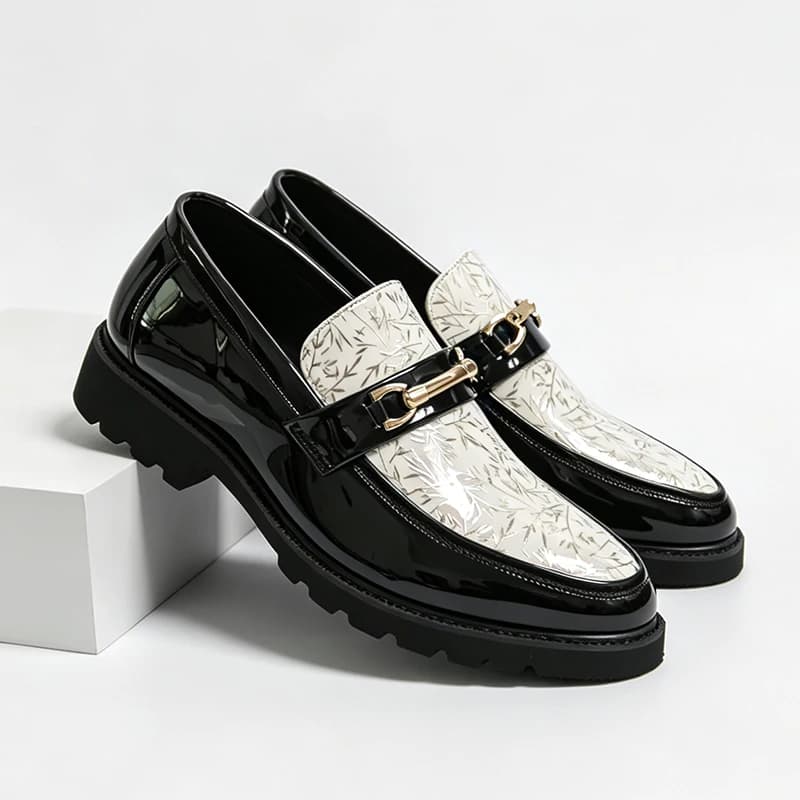 Men Two Tone Bamboo Print Patent Leather Loafers Metal Horsebit Slip On Formal Dress Shoes For Wedding Club Business Daily Shoes