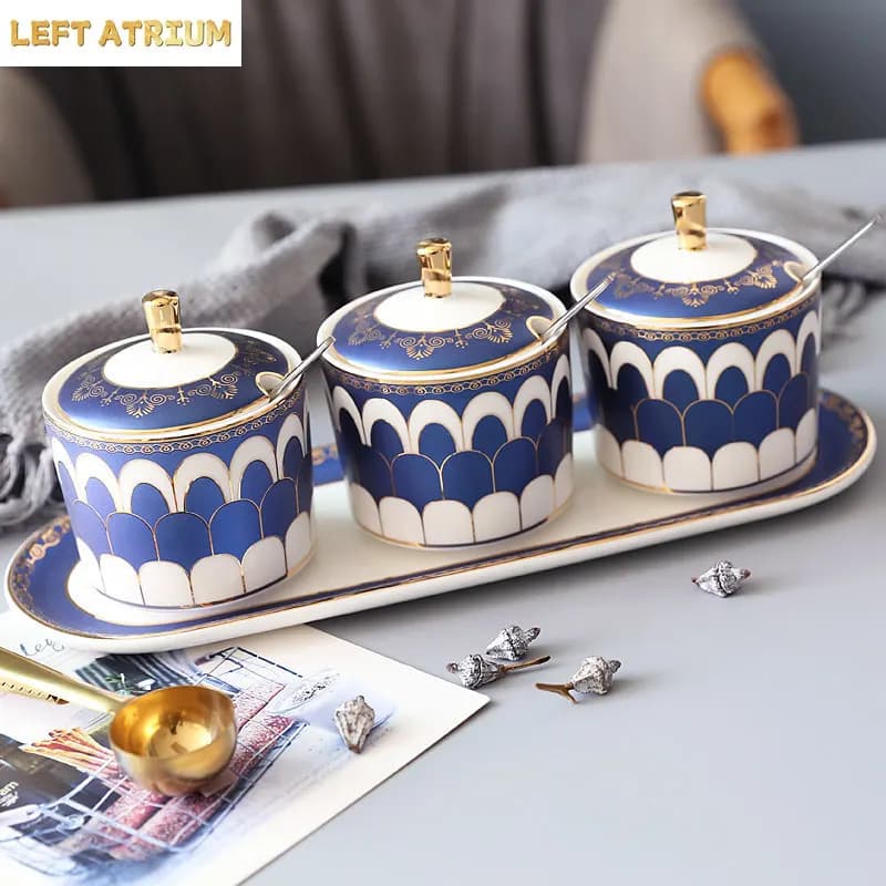 Ceramic Seasoning Jar Spice Jars Set European Style Luxury Gold Edged Ceramic Salt Jar and Sugar Jar Household Kitchen Supplies
