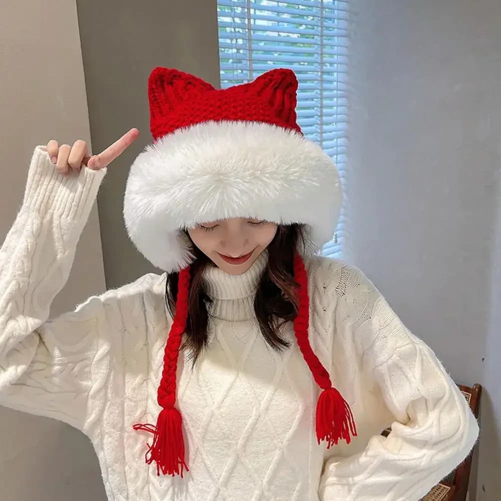 Cappello invernale caldo lavorato a maglia Cappello da donna in pelliccia con paraorecchie Due palline Lady Outdoor Addensare peluche soffice berretto Cappelli russi per le donne