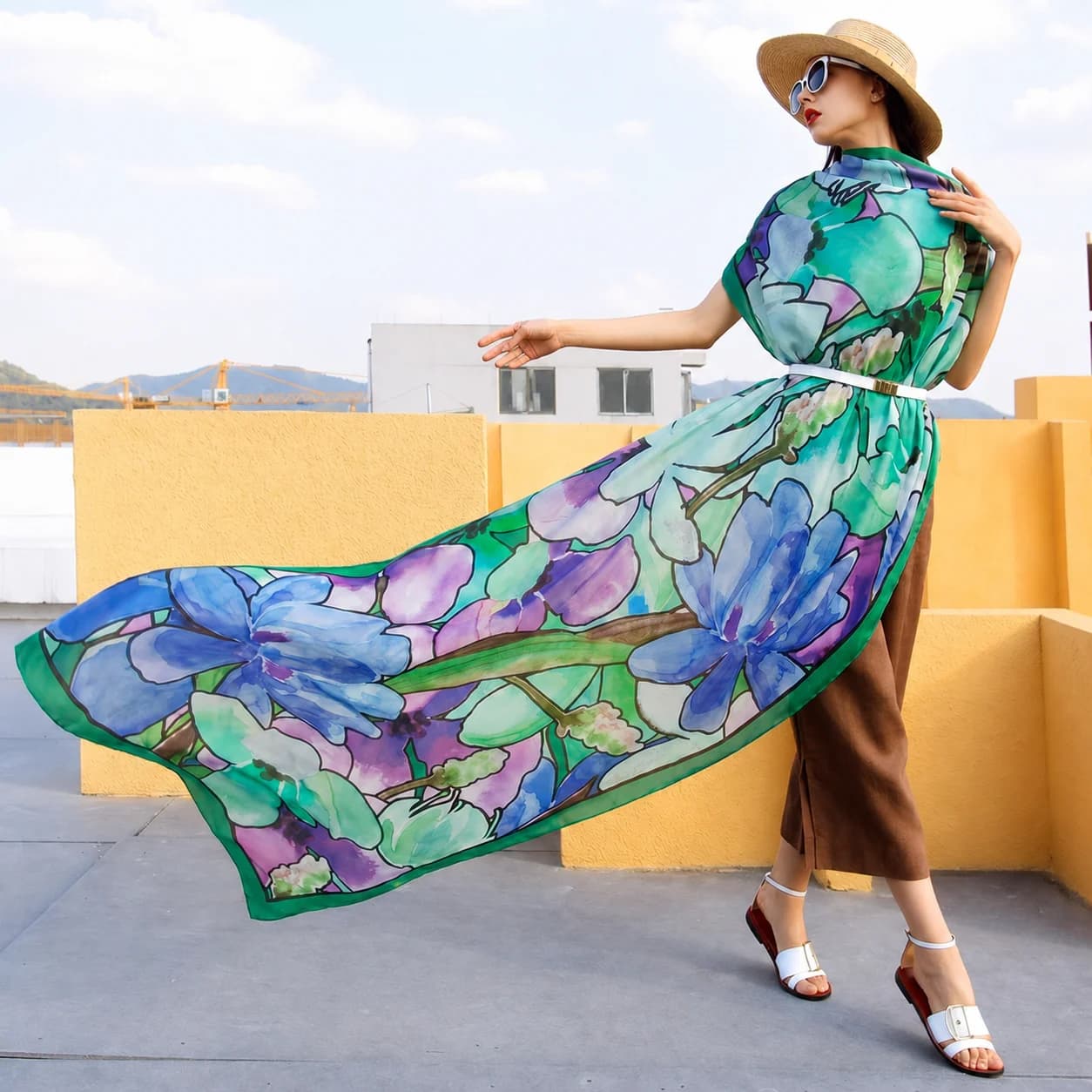 Luxury Women Watercolor Floral Print Silk Scarf 245*110cm Large Satin Shawl Wrap Summer Beach Cover Up Lightweight Scarves