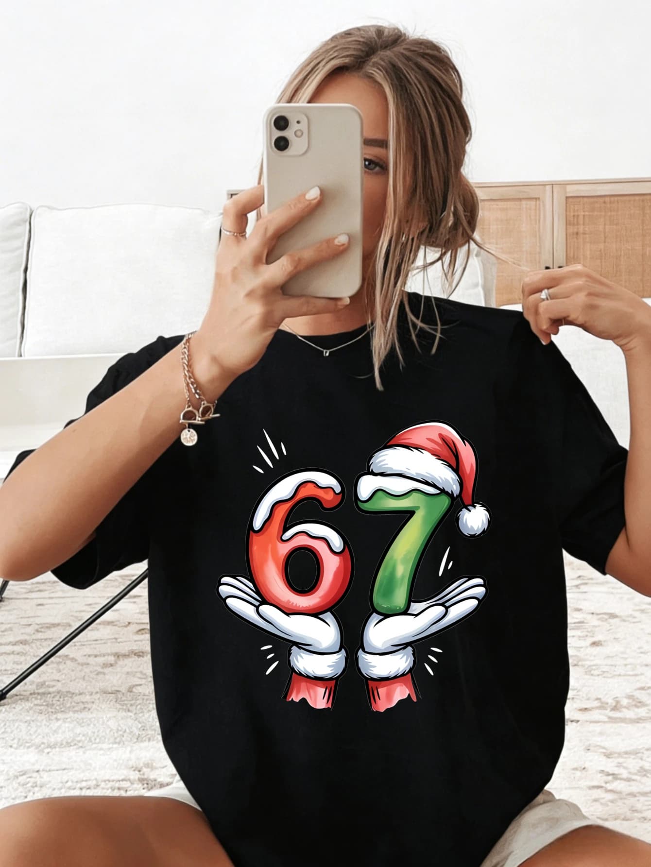 T-shirt da donna in cotone oversize a maniche corte 67 con stampa divertente con numero di Natale, maglietta stampata per regalo da donna