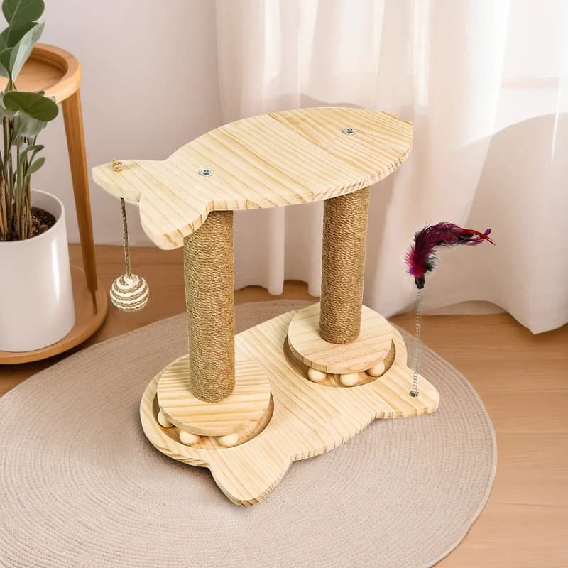 Cat Tree with Scratching Post, Rotating Platform, Durable Cat Climber Toy, Non-Shedding Solid Wood, Interactive Cat Play Tower
