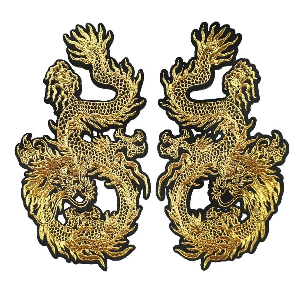 2PCS Draghi d'oro cinesi 29CM Toppe ricamate Cucire termoadesive su distintivi per borsa vestito Jeans Cappello T Shirt Appliques fai da te Decorazioni artigianali