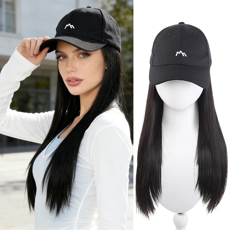Cappello da Baseball Nero con Ricamo 3D Montagna e Parrucca Lunga Liscia in Fibra Sintetica – Elegante Cappello con Parrucca Integrata per Donna, Facile da Indossare