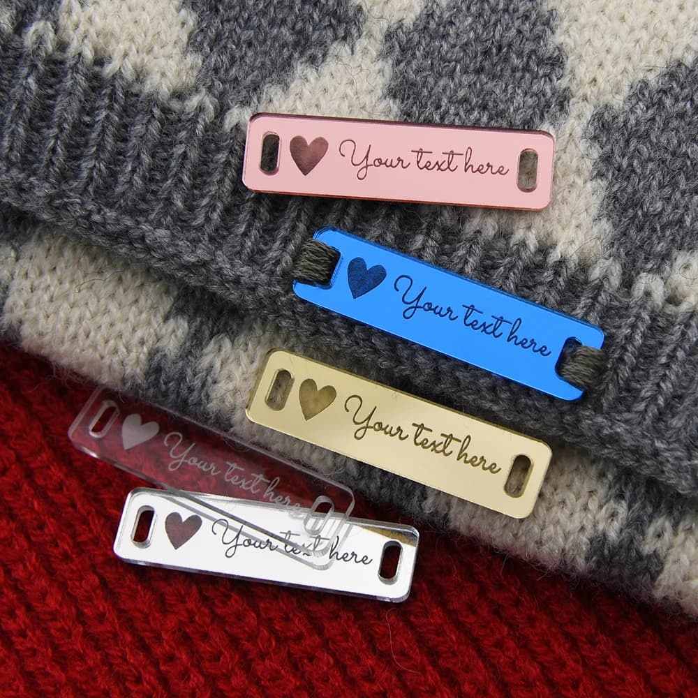Etichette personalizzate in acrilico a specchio incise al laser 0,39"x1,50" con testo e logo personalizzati per fai da te, abbigliamento, cappelli, guanti, decorazioni per la casa