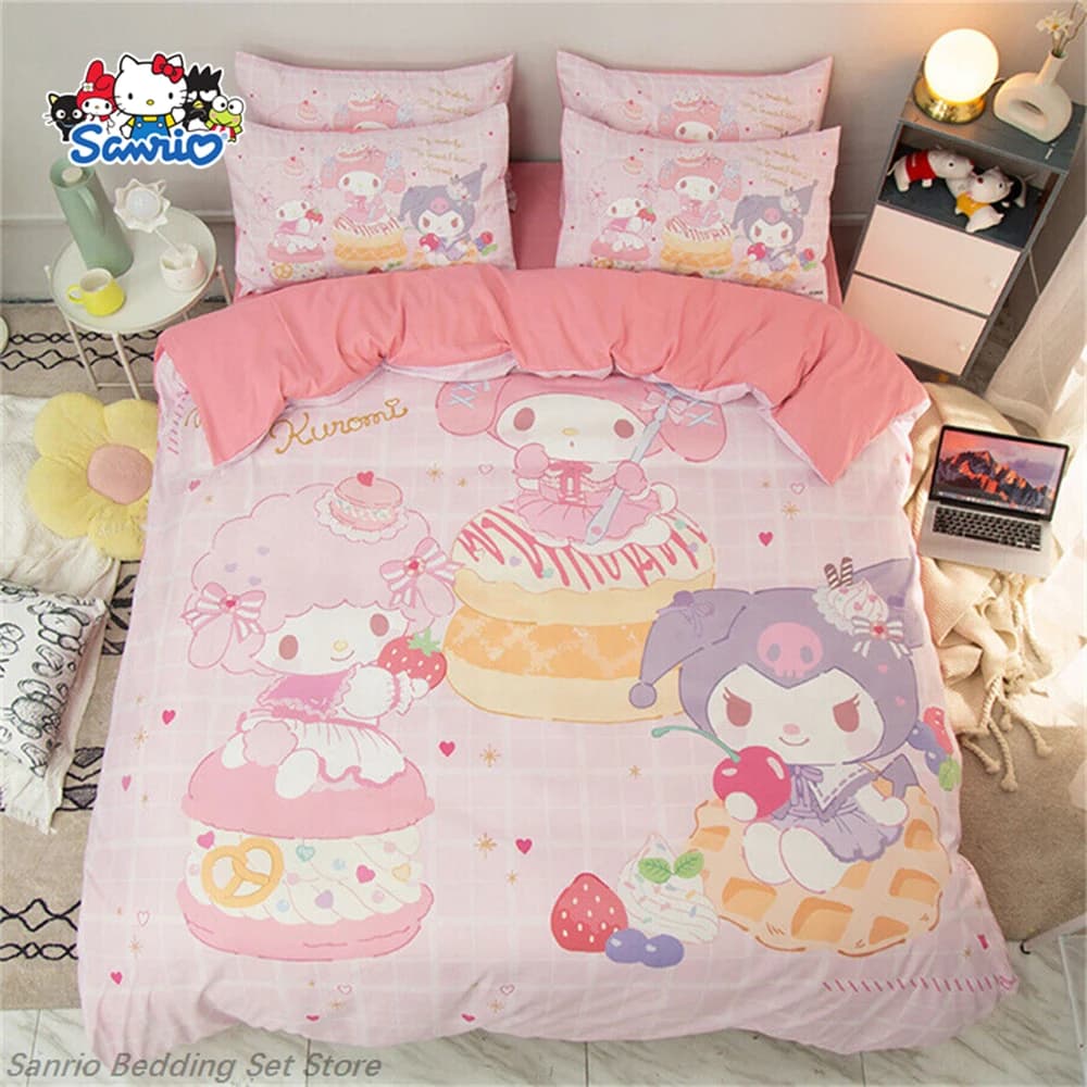 Set di Biancheria da Letto Sanrio Kuromi My Melody Pompompurin 3 Pezzi, Set Copripiumino Kawaii Anime per Camere di Ragazze e Bambini, Regalo per Letto Matrimoniale o King Size