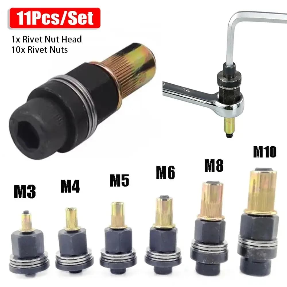 Set da 11 Pezzi di Rivettatrice Manuale con Mandrino per Dadi Rivetto M3 M4 M5 M6 M8 M10, Facile Installazione, con Dadi Rivetto