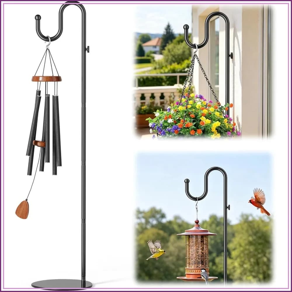 74" Heavy Duty Shepherds Hook Stand, Adjustable Wind Chime & Plant Hanger, Holds 20 lbs, Indoor Outdoor