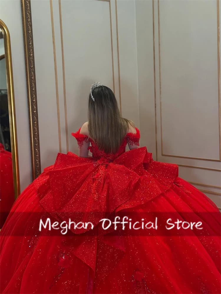 Abiti Quinceanera rossi da 15 anni Perline Applique in pizzo di cristallo con fiocco e volant Abito da ballo Abito da festa di compleanno personalizzato