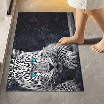 Tappetino per ingresso, tappetino con motivo leopardo delle nevi, occhi blu, stampa antiscivolo, per ingresso, bagno, cucina, corridoio