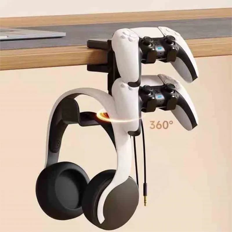 3-in-1 support for Headphones and Controllers from Gaming PC, Adjustable Clamp, Gaming PC Accessories, Headphone Support and Headphones