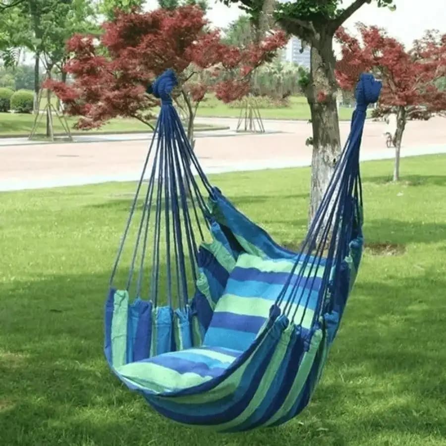Portable Outdoor Hammock; features sturdy suspension ropes; ideal for outdoor leisure, camping, and everyday relaxation.