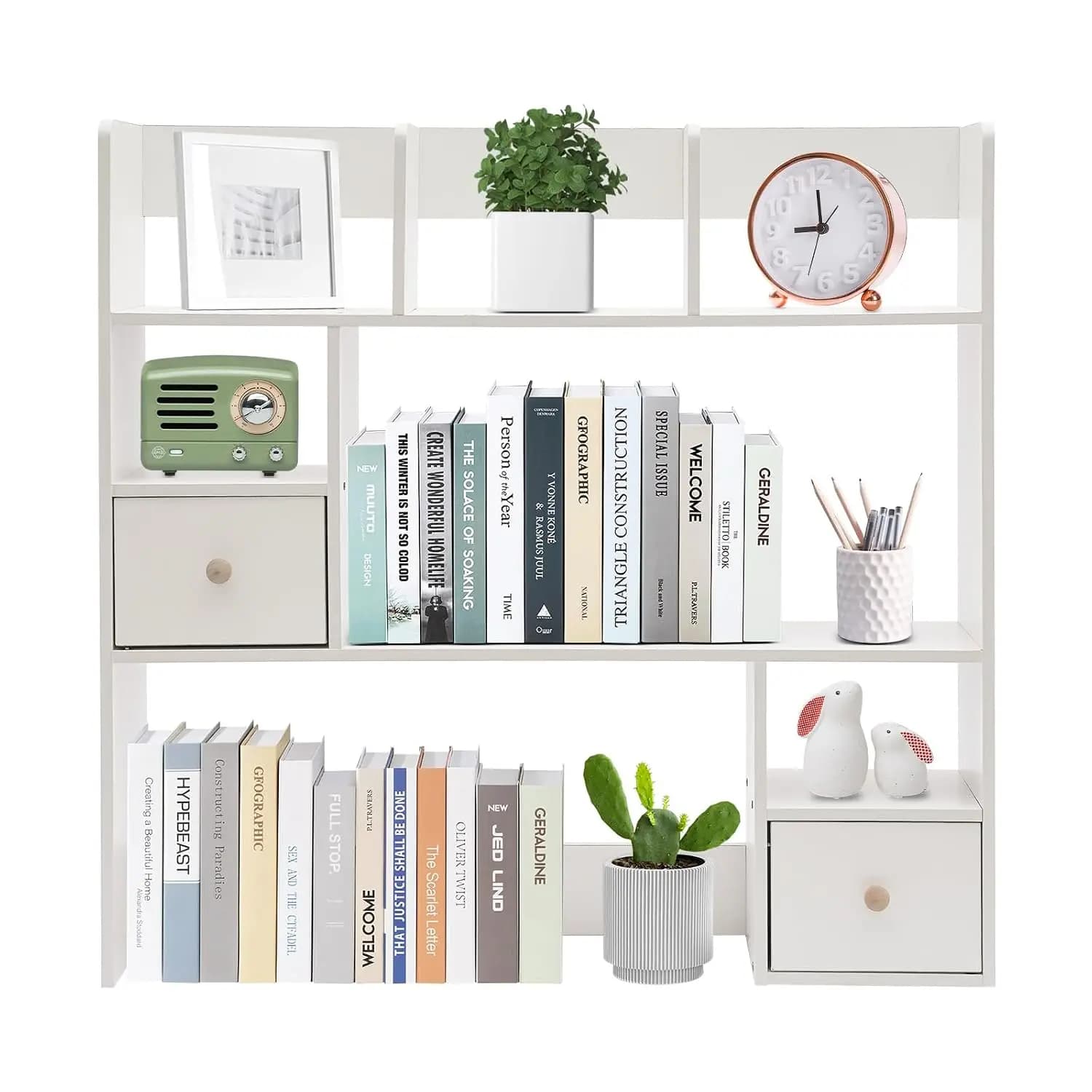 Desktop Bookshelf 7 Compartment 2 Drawer Desk Hutch Monitor Stand 3 Tier Display Rack Home Office Dorm 31.5", Customized