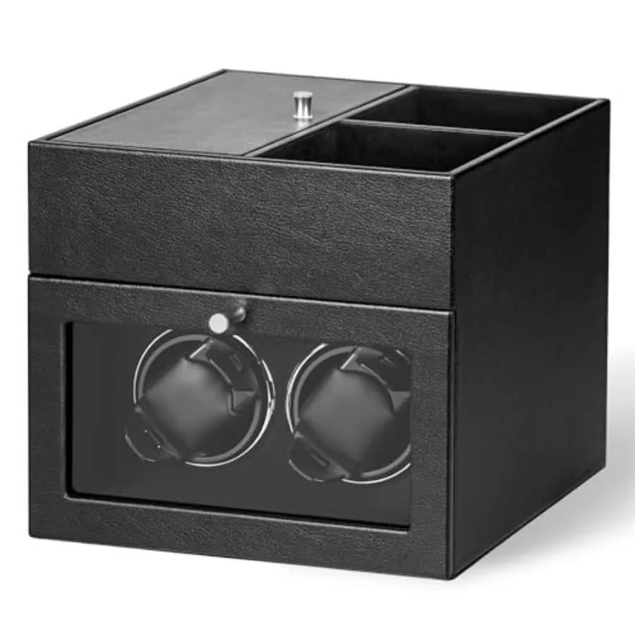 Avvolgitore Automatico Doppio per Orologi con Scatola Portaoggetti, Motore Giapponese Silenzioso, Cuscini Regolabili per Orologi, in Pelle PU Nera