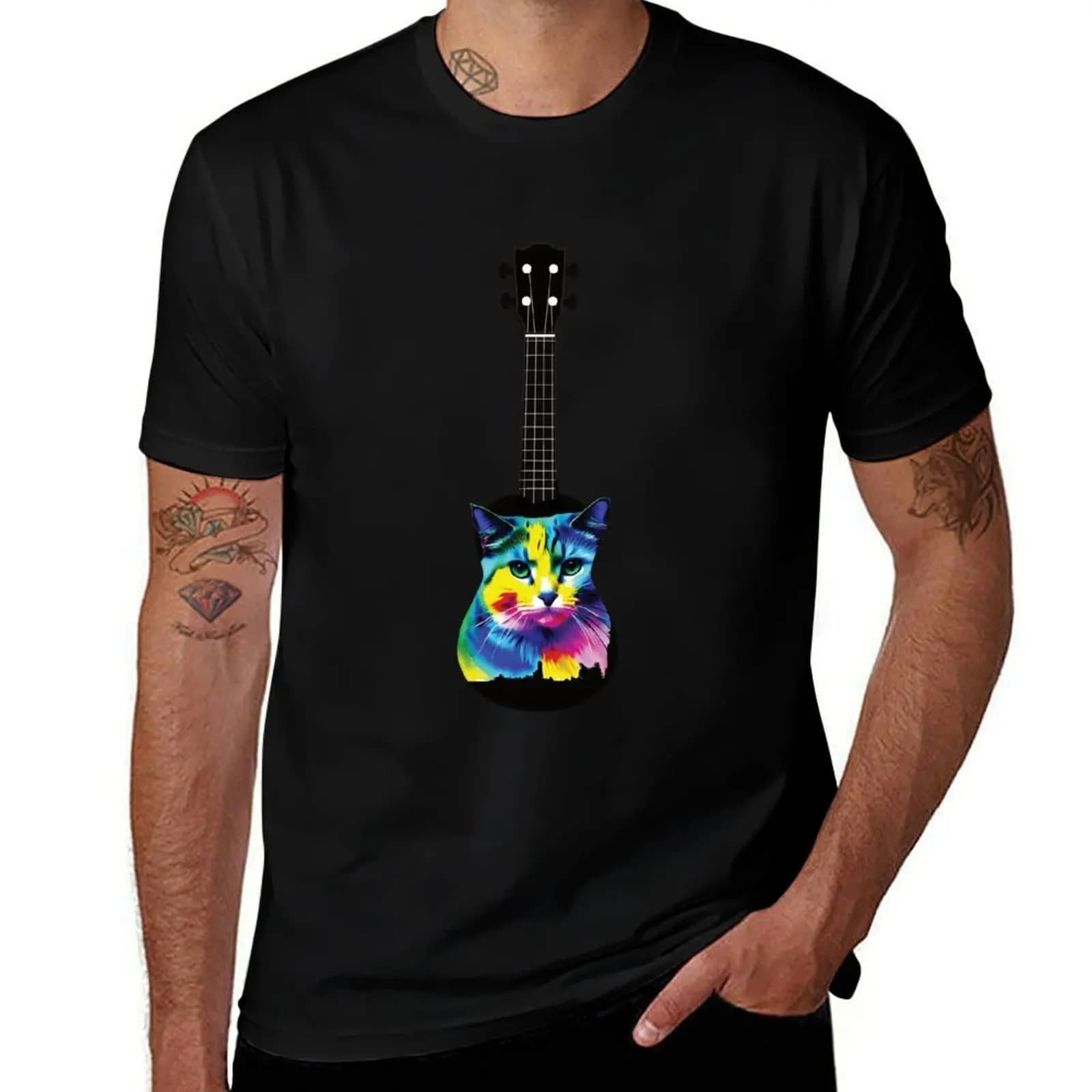 Ukulele - T-shirt Cat Ukulele alla moda, casual, a maniche corte