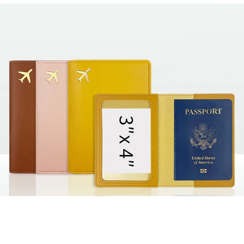 Porta Passaporto Unisex per Uomo e Donna, Accessorio da Viaggio Dorato con Aereo, Leggero, Impermeabile, Blocco RFID, Porta Carte Sottile