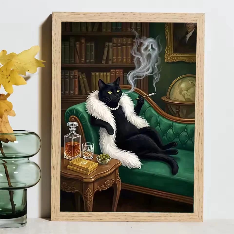 Nordic Wall Art 5D DIY Diamond Painting Classy Black Cat and Cigarette Full Diamond Mosaic Embroidery Kit Home Decor Craft