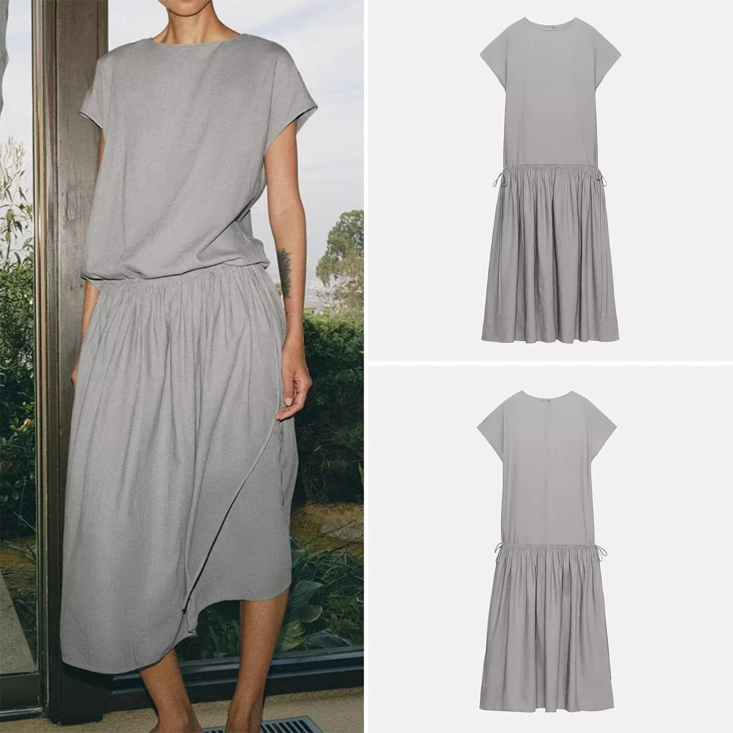 Abito Midi Svasato a Girocollo a Maniche Corte da Donna, Stile Casual Primavera 2026 Zadata, 100% Altri Materiali