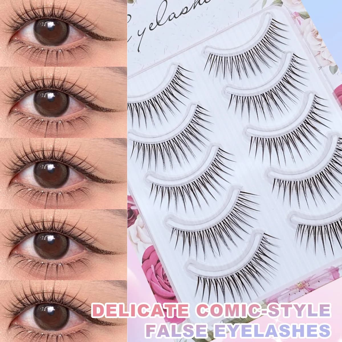 Attraenti 5 paia di ciglia finte: arricciatura naturale snella, stile cartone animato Cat Eye, ciglia a striscia completa a fascia trasparente adatte per tutti i giorni
