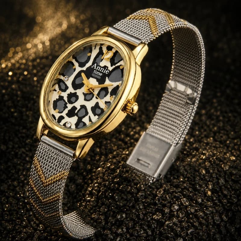 Oval Leopard Print Dial Women Watch Gold Silver Two-tone Mesh Band Ladies Quartz Watch Elegant Brand Female Clock montre femme