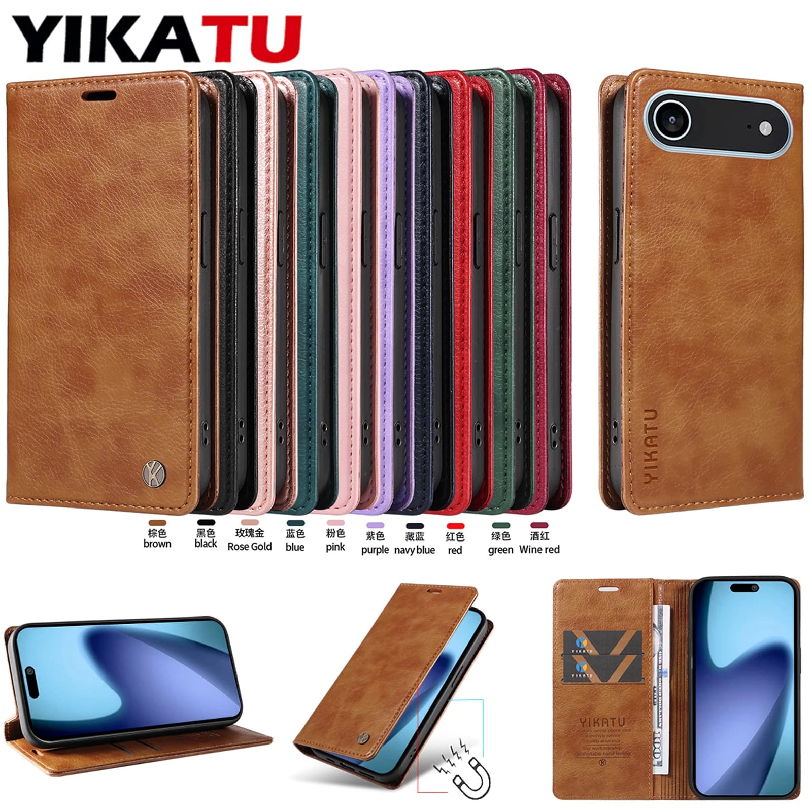 Custodia a Portafoglio in Pelle con Slot per Carte per iPhone 17 Plus 16E 14 15 16 Pro Max 13 mini - Cover Protettiva con Porta Carte