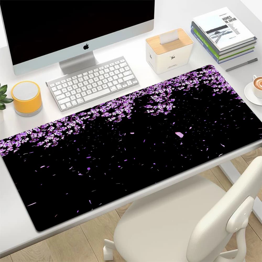 Tappetino per mouse per computer XXL Tappetino per scrivania per giocatori Sakura Tappetino per mouse da gioco grande Tappetino per mouse viola con fiori di ciliegio Tappetino per tastiera con bordo di bloccaggio