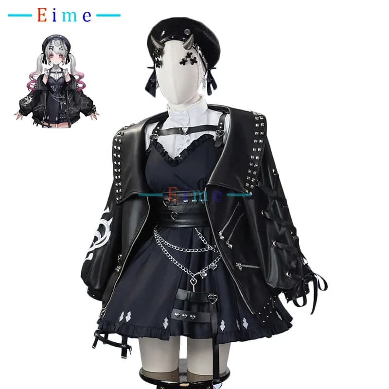 Costume Cosplay Vtuber Reimu Endou per Donna, Abito Gotico Nero, Cappotto in PU con Cappello, Completo per Feste, Uniforme di Halloween su Misura