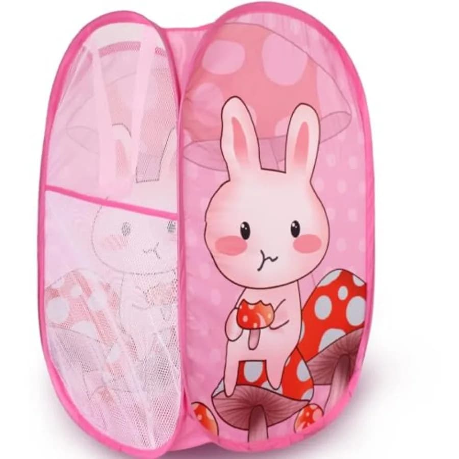Cute Foldable Pop Up Hamper - Mesh Laundry Basket Durable Handles Toys Tidy Clothes Socks Storage Bag Pink Little Rabbit