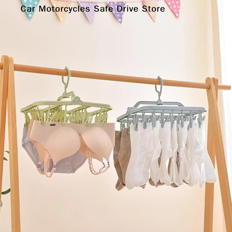 【M】Foldable Plastic Laundry Drying Rack With 32 Clips 360 Rotating Hook For Drying Socks Underwear Small Clothes At Home Dorm