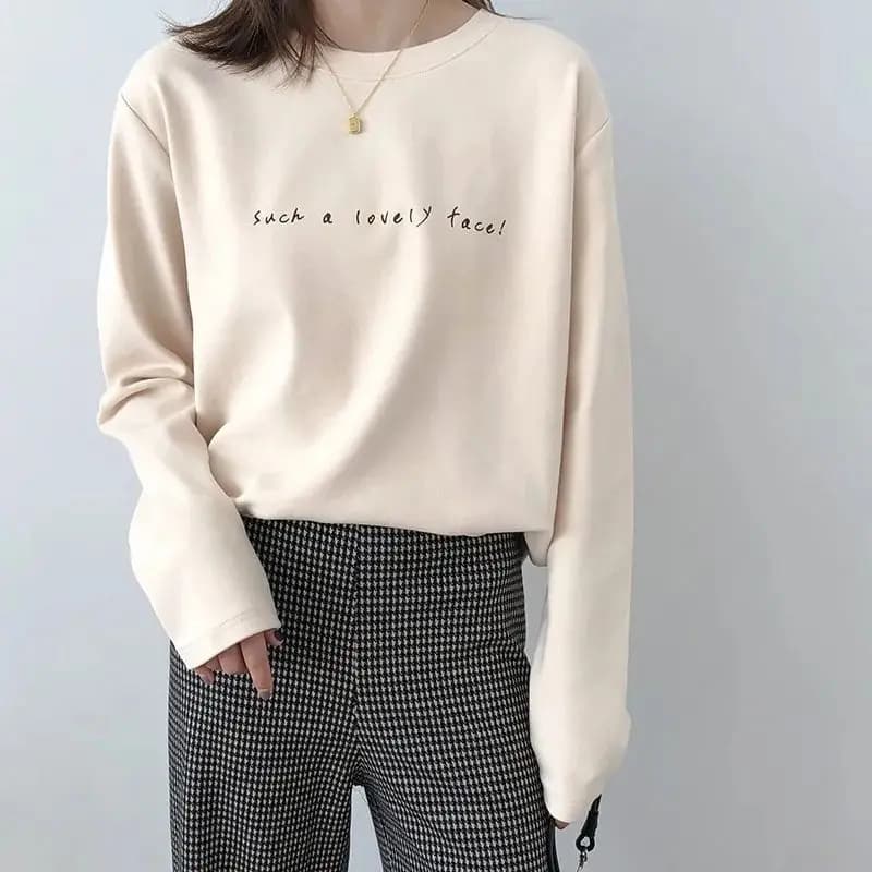 Double-Sided Fleece Long Sleeve T-Shirt Women's Thickened Loose round Neck Korean Style Inner Wear Autumn Winter Base Shirt