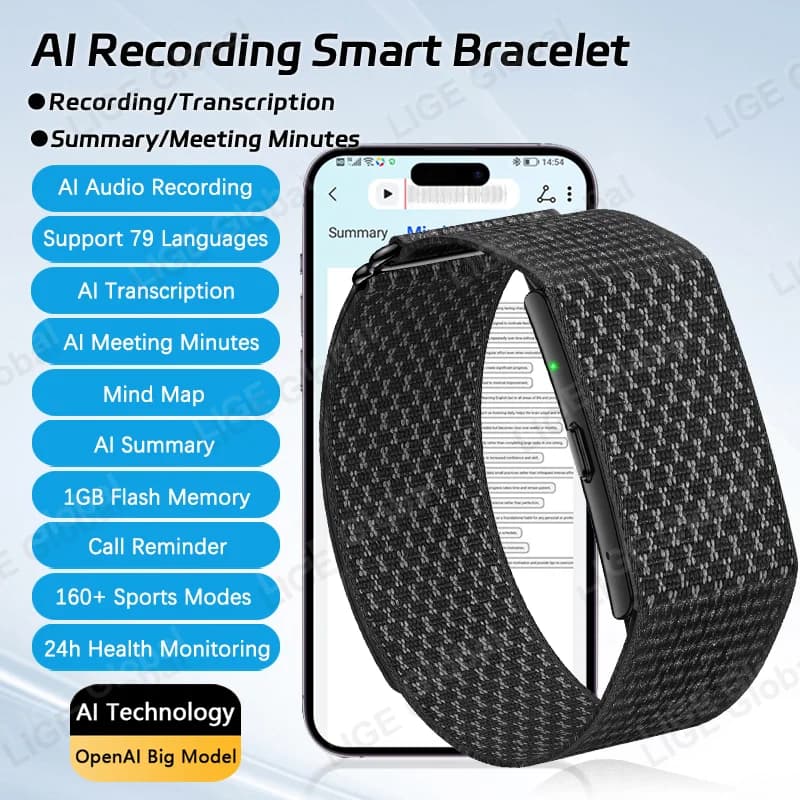 LIGE Smart Bracelet AI Recording Meeting Transcription 79 Languages Voice Recorder 1GB Sports Watch HRV SpO2 Sleep Monitor Band