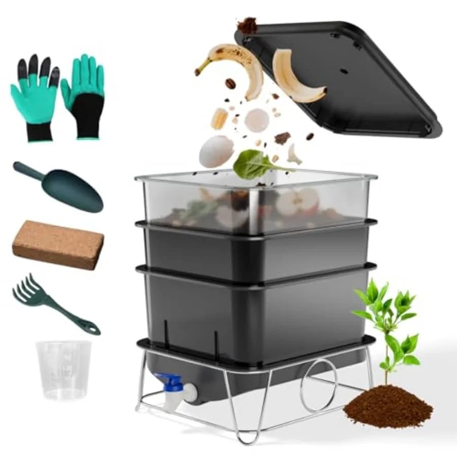 3-Tray 15L Worm Farm Composting Bin with Tool Set - Efficient Indoor/Outdoor Composter for Organic Waste Recycling Beginner-Fri