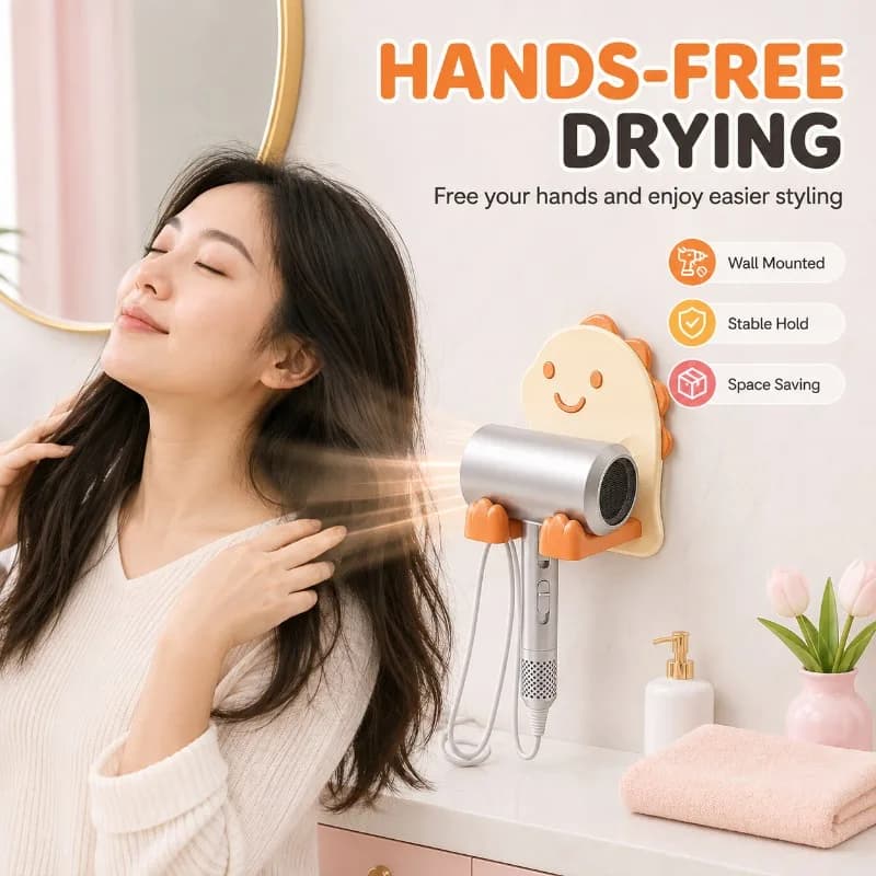Adhesive Hair Dryer Holder Wall Mounted Bathroom Organizer, No Drill Blow Dryer Storage Rack with Phone Stand, Space Saving