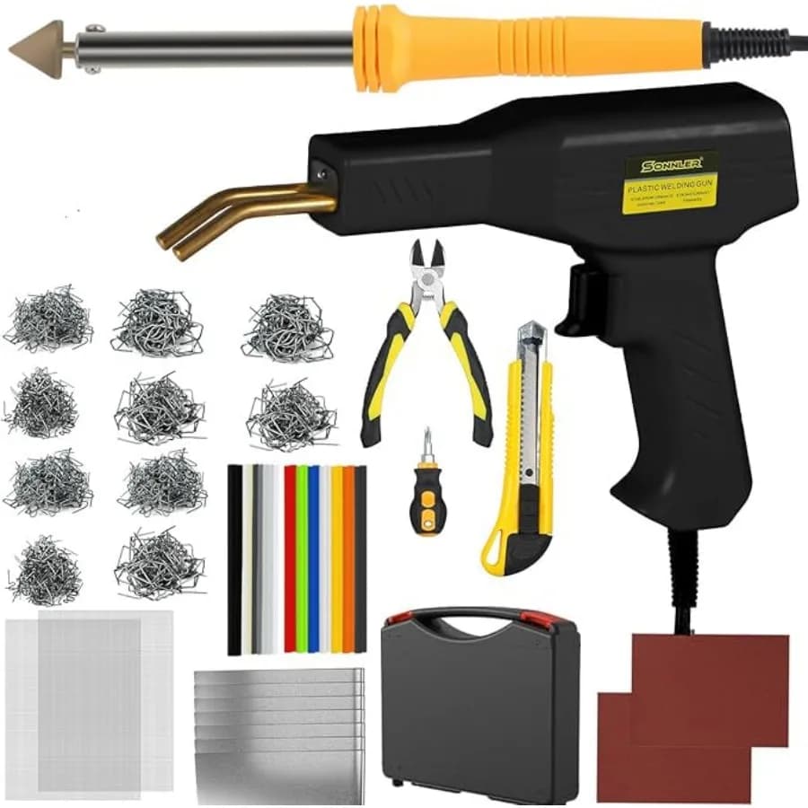 Kit Saldatore Plastica Potenziato da 100W, Kit Riparazione Plastica con Graffettatrice a Caldo da 1000 Pezzi per Riparazione Crepe Paraurti Auto, Kit Saldatura Plastica con PLA