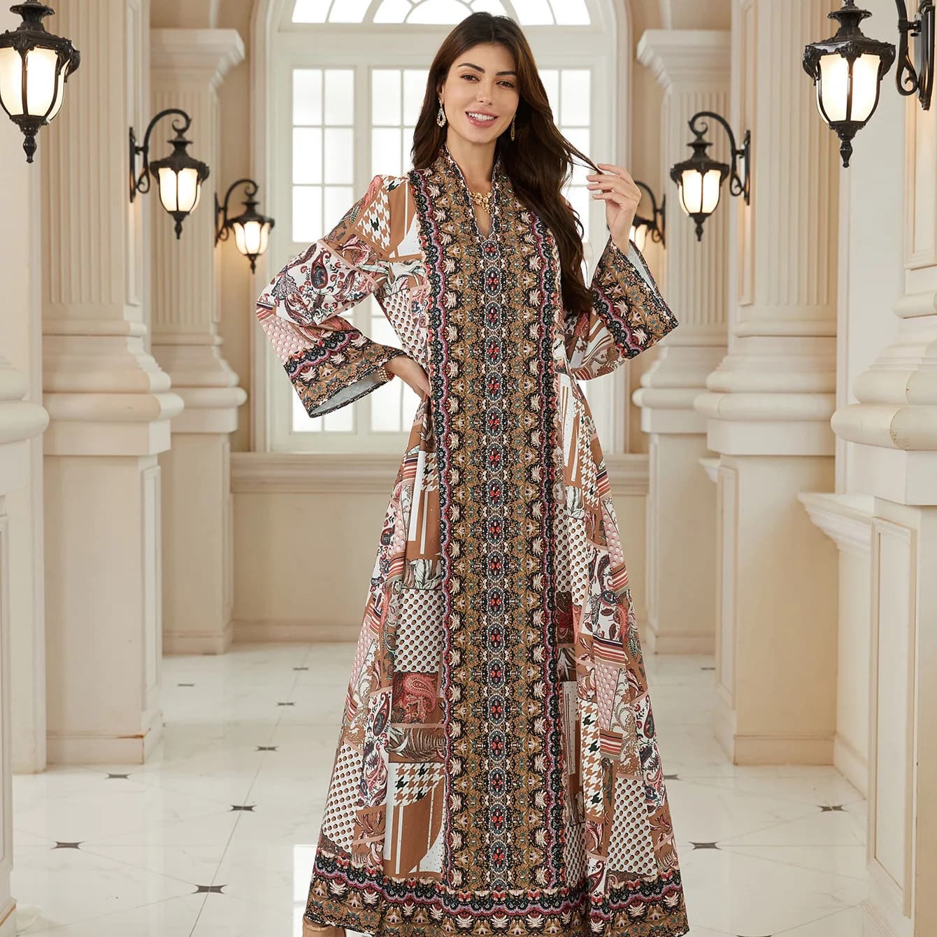 Eid Abaya Women's Party Dress with v Jalabiya Muslim Print Dubai Dresses Largo Ramadan Morocco Caftano Robe Abaya 2026