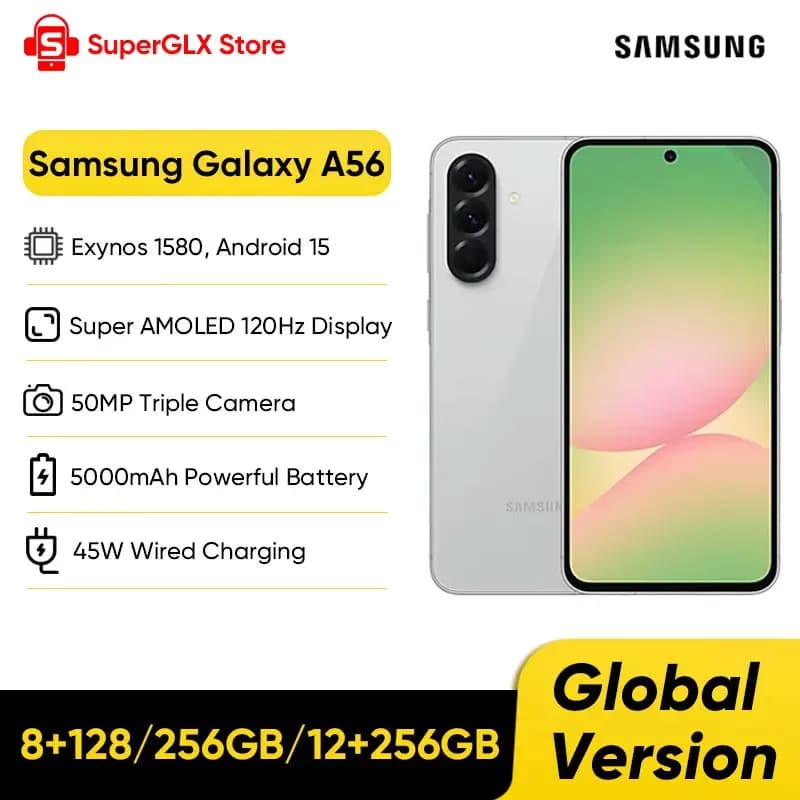 Versione Globale Samsung Galaxy A56 5G Smartphone, Exynos 1580, Display Super AMOLED da 6.7" 120Hz, Fotocamera 50MP, Batteria 5000mAh, Ricarica Rapida 45W