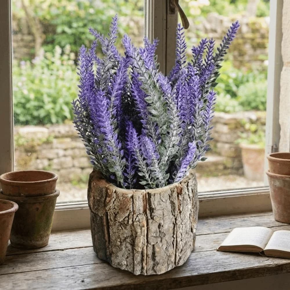Natural Appearance Artificial Green Plant Realistic Handmade Bark Bucket Decoration Plastic Artificial Lavender Home Decoration