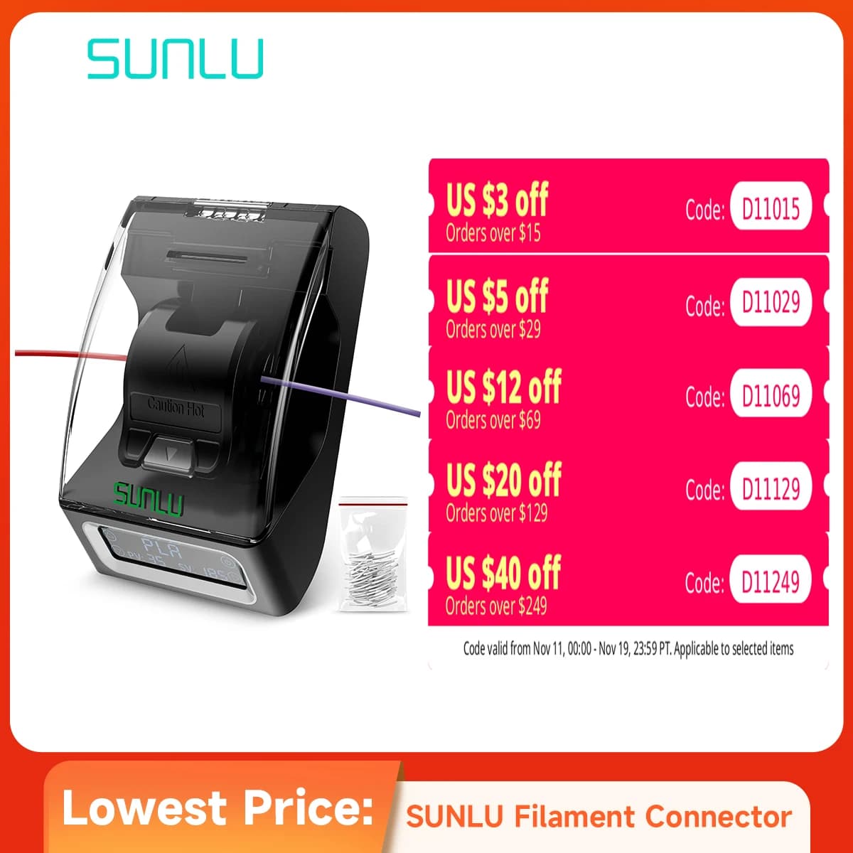 SUNLU Filament Connector 1.75mm Fast Welding Filament For PLA/PETG/TPU/ABS/PA/Nylon 200 Pz PTFE Filament Fitting Machine