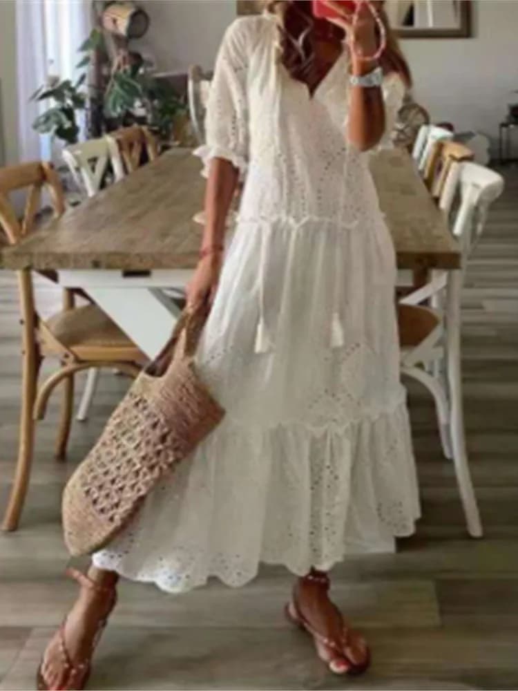 Donne Nuovo Casual E Dolce Scollo A V Splicing Abito Lungo di Modo di Estate Elegante Manica Corta Allentato Femlae Abiti Da Spiaggia Robe Femme