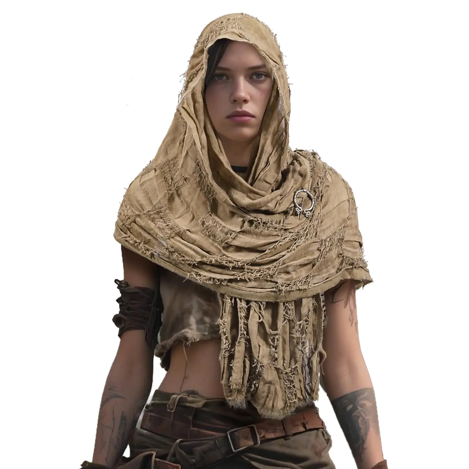 Apocalyptical hooded duna costume Desert scarf Half coat medieval Viking dress for men woman