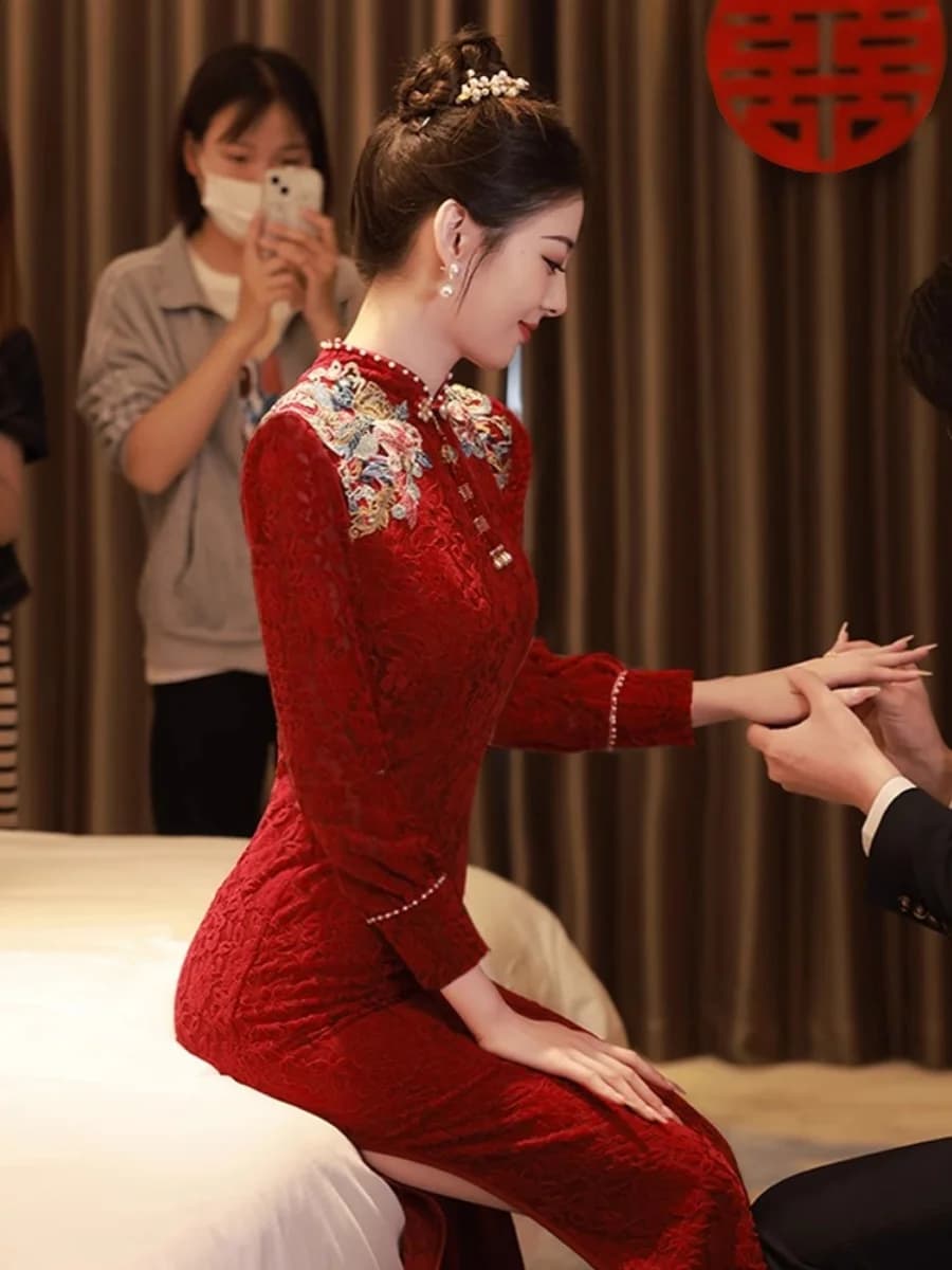 Abito da Sposa Qipao Rosso a Maniche Corte con Collo Rotondo, Stile Cinese Riformato, per Cerimonia di Fidanzamento, Gonna Lunga Traspirante, Abito da Sera